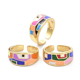 Honeyhandy Enamel Geometric Pattern Wide Band Ring for Teen Girl Women, Real 18K Gold Plated Brass Open Cuff Finger Ring, Mixed Color, US Size 6 3/4(17.1mm)