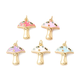 Honeyhandy Autumn Theme Rack Plating Brass Micro Pave Colorful Cubic Zirconia Pendants, with Enamel, Cadmium Free & Nickel Free & Lead Free, Real 18K Gold Plated, Mushroom, Mixed Color, 16.5x14x3.5mm, Hole: 2.8mm