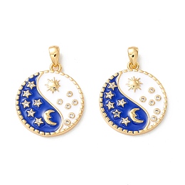 Honeyhandy Rack Plating Brass Micro Pave Clear Cubic Zirconia Pendants, with White & Blue Enamel, Cadmium Free & Nickel Free & Lead Free, Flat Round with Sun, Real 18K Gold Plated, 20.5x18x2mm, Hole: 4.5x2mm