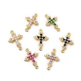 Honeyhandy Eco-Friendly Rack Plating Brass Pave Cubic Zirconia Connector Charms, Lead Free & Cadmium Free, Real 18K Gold Plated, Religion Cross Links, Mixed Color, 24.5x16.5x3.5mm, Hole: 1.4~1.5mm