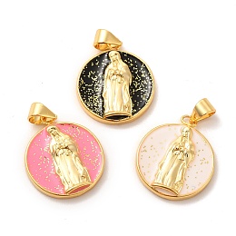 Honeyhandy Eco-Friendly Rack Plating Brass Enamel Pendants, with Sequins, Long-Lasting Plated, Lead Free & Cadmium Free, Flat Round with Virgin Mary Charm, Real 18K Gold Plated, Mixed Color, 19x17x3mm, Hole: 3x4mm