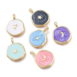 Honeyhandy Brass Enamel Pendants, Flat Round with Moon & Star & Heart & Lightning Pattern, Golden, Mixed Color, 18~18.5x13~14x2~2.5mm, Hole: 3.5x2mm