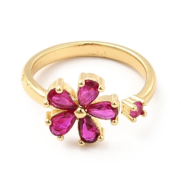 Honeyhandy Cerise Cubic Zirconia Flower Open Cuff Ring, Rack Plating Brass Jewelry for Women, Cadmium Free & Lead Free, Real 18K Gold Plated, US Size 8(18.1mm)