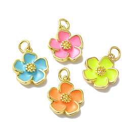 Honeyhandy Rack Plating Brass Enamel Charms, Lead Free & Cadmium Free, with Jump RIng, Real 18K Gold Plated, Long-Lasting Plated, Flower Charm, Mixed Color, 15x13x3.5mm