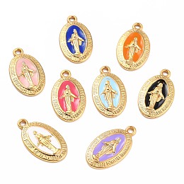 Honeyhandy Golden Alloy Enamel Pendants, Long-Lasting Plated, Our Lady of the Miraculous Medal, Oval, Mixed Color, 21x12x1.5mm, Hole: 1.7mm