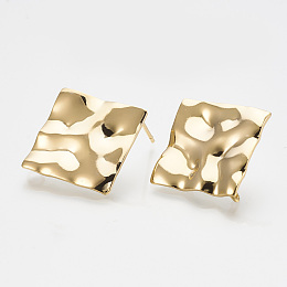 Honeyhandy Brass Stud Earring Findings, with Loop, Real 18K Gold Plated, Rhombus, 25x25mm, Hole: 2.5mm, pin: 0.8mm