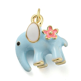 Honeyhandy Elephant Rack Plating Brass Enamel Pendants, with Jump Ring, Long-Lasting Plated, Cadmium Free & Lead Free, Real 18K Gold Plated, Light Blue, 15x14.5x9.5mm, Hole: 3.8mm