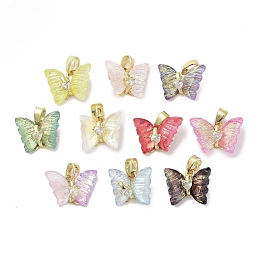 Real 18K Gold Plated Rack Plating Brass Micro Pave Cubic Zirconia Pendants, with Resin, Long-Lasting Plated, Cadmium Free & Lead Free, Butterfly, Mixed Color, 11.5x14.5x6mm, Hole: 2.6x5mm