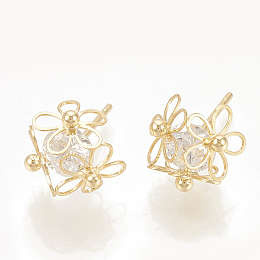 Honeyhandy Brass Cubic Zirconia Stud Earrings, Flower, Nickel Free, Real 18K Gold Plated, 12x11mm, Pin: 0.8mm