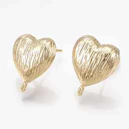 Honeyhandy Brass Stud Earring Findings, with Loop, Nickel Free, Real 18K Gold Plated, Heart, 16x13.5mm, Hole: 1.2mm, Pin: 0.8mm