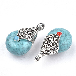 Honeyhandy Tibetan Style Resin Pendants, with Alloy & Enamel, teardrop, Antique Silver, Turquoise, 28x16x14mm, Hole: 2~3.5mm