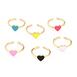 Honeyhandy Brass Enamel Cuff Rings, Open Rings, Heart, Real 18K Gold Plated, Mixed Color, US Size 7 1/4(17.5mm)