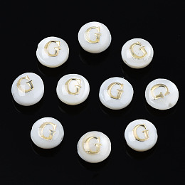 Honeyhandy Natural Freshwater Shell Beads, with Golden Plated Brass Etched Metal Embellishments, Flat Round with Letter, Seashell Color, Letter.G, 6x4mm, Hole: 0.8mm