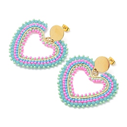 Honeyhandy PVD Vacuum Plating 304 Stainless Steel Earrings, Glass Seed Beaded Heart Dangle Stud Earrings, Colorful, 50mm