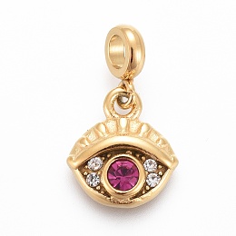 Honeyhandy Ion Plating(IP) 304 Stainless Steel Charms, with Rhinestone and Tube Bails, Eye, Fuchsia & Crystal, Golden, 14.7mm, Pendant: 9.6x8.5x2.3mm, Hole: 2.5mm