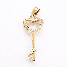 Honeyhandy 304 Stainless Steel Pendants, Hollow Key with Heart, Golden, 36x15x3mm, Hole: 7x4mm