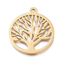 Honeyhandy Ion Plating(IP) 304 Stainless Steel Pendants, Manual Polishing, Flat Round with Tree of Life, Golden, 28.5x25x1.2mm, Hole: 2mm