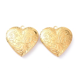 Honeyhandy Ion Plating(IP) 304 Stainless Steel Locket Pendants, Photo Frame Pendants for Necklaces, Heart with Flower, Golden, 29x29x7mm, Hole: 2mm, Inner Diameter: 20x19mm