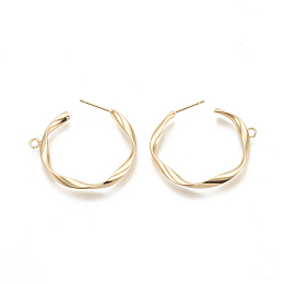 Brass Stud Earring Findings, Half Hoop Earrings, with Loop, Nickel Free, Real 18K Gold Plated, 24.5x22.5x3mm, Hole: 2mm; Pin: 0.8mm