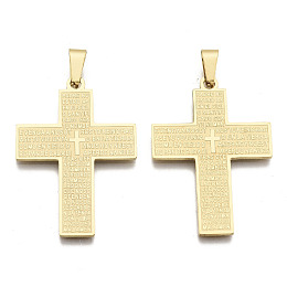 Honeyhandy 201 Stainless Steel Big Pendants, Cross with Word Padre Nuestro, Real 18K Gold Plated, 38x26x1mm, Hole: 3x6.5mm