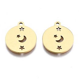 Honeyhandy 201 Stainless Steel Pendants, Laser Cut Pendants, Flat Round with Moon & Star, Golden, 15.5x13.5x1mm, Hole: 1.4mm