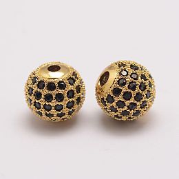 Brass Micro Pave Cubic Zirconia Beads, Round, Golden, 10x9.5mm, Hole: 2mm