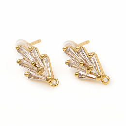 Honeyhandy Brass Stud Earring Findings, with Loops, Clear Cubic Zirconia and Ear Nuts, Grass, Golden, 14.2x7.5mm, Hole: 1mm, Pin: 0.8mm