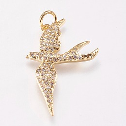 Honeyhandy Brass Micro Pave Cubic Zirconia Bird Pendants, Swallow, Clear, Golden, 25x18x2mm, Hole: 1mm