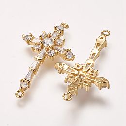 Honeyhandy Brass Micro Pave Cubic Zirconia Links, Cross, Golden, 34x20x4mm, Hole: 1mm