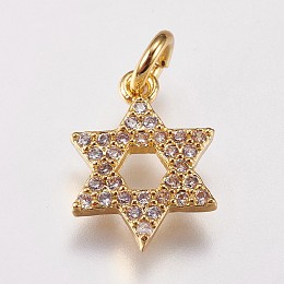 Honeyhandy Brass Micro Pave Cubic Zirconia Charms, for Jewish, Star of David, Golden, 13.5x10x2mm, Hole: 3mm