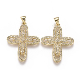 Honeyhandy Brass Micro Pave Cubic Zirconia Pendants, Cross, Clear, Real 18K Gold Plated, 31.5x25x3mm, Hole: 3.5x4.5mm