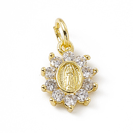 Honeyhandy Brass Micro Pave Cubic Zirconia Charms, with Jump Ring, Oval Flower with Religion Virgin Mary Charm, Real 18K Gold Plated, 12x9x2mm, Hole: 3mm