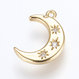 Honeyhandy Brass Charms, with Cubic Zirconia, Moon, Golden, 16x10x2mm, Hole: 1.2~1.5mm