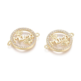 Honeyhandy Brass Micro Pave Clear Cubic Zirconia Links connectors, Flat Round with Butterfly & Word MaMa, for Mother's Day, Golden, 16x20.5x2.5mm, Hole: 1.4mm