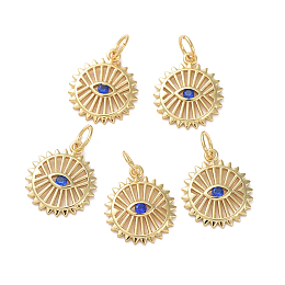 Honeyhandy Brass Micro Pave Cubic Zirconia Charms, Long-Lasting Plated, Flower with Blue Eye, Real 18K Gold Plated, 12.1x14.2x1.8mm, Hole: 3.7mm