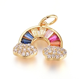 Honeyhandy Brass Micro Pave Cubic Zirconia Pendants, with Jump Ring, Long-Lasting Plated, Rainbow, Colorful, Real 18K Gold Plated, 11.5x14x2mm, Hole: 3.5mm