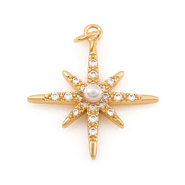 Honeyhandy Brass Micro Pave Cubic Zirconia Charms, with ABS Plastic Imitation Pearl and Jump Ring, Eight Pointed Star, Clear, Real 18K Gold Plated, 20.5x18x3.5mm, Hole: 2.5mm