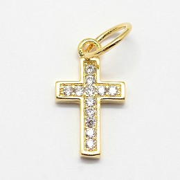 Honeyhandy CZ Brass Micro Pave Cubic Zirconia Cross Charms, Golden, 14x8x2mm, Jump Ring: 7x0.8mm