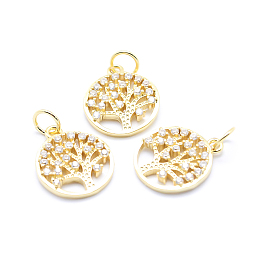 Honeyhandy Brass Micro Pave Cubic Zirconia Charms, Flat Round with Tree of Life, Golden, 15x12.5x2mm, Hole: 3mm