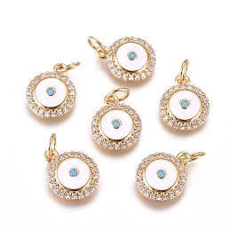 Honeyhandy Brass Charms, with Micro Pave Cubic Zirconia, Enamel and Jump Rings, Flat Round with Evil Eye, Clear, Golden, 12.5x10x3mm, Hole: 3mm