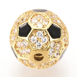 Honeyhandy Brass Micro Pave Cubic Zirconia Beads, with Enamel, FootBall/Soccer Ball, Golden, 9.5~10mm, Hole: 1.5mm