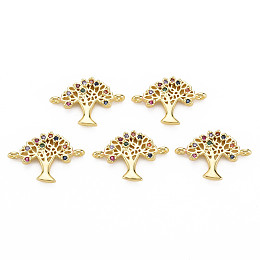 Honeyhandy Brass Micro Pave Cubic Zirconia Links, Tree, Colorful, Golden, 13x18.5x2.5mm, Hole: 1mm