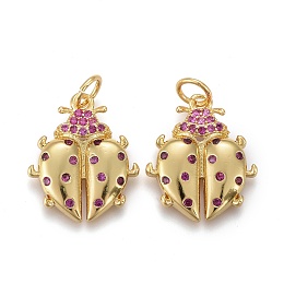 Honeyhandy Brass Micro Pave Purple Cubic Zirconia Pendants, Long-Lasting Plated, with Jump Rings, Ladybug Shape, Golden, 16x14x3mm, Hole: 3.5mm