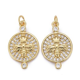 Honeyhandy Brass Micro Pave Clear Cubic Zirconia Pendants, Long-Lasting Plated, with Jump Rings, Flat Round with Bee, Real 18K Gold Plated, 20x12x2mm