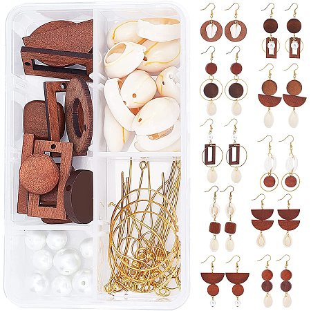 SUNNYCLUE 1 Box DIY 10 Pairs Shell Wood Earring Making Kits Flat Round Semicircle Square Beads Charms Pendants & Cowrie Shell Beads & Earring Hooks for Handmade Earrings Beginner