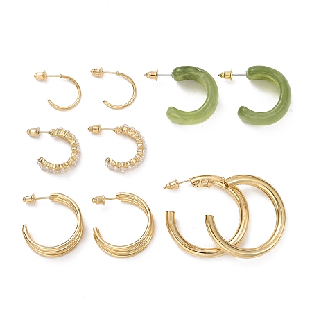 ARRICRAFT C-shape Stud Earrings, Imitation Pearl Beads Half Hoop Earrings, Open Hoop Earrings for Women, Golden, Green, 16.5~35x1.5~12mm, Pin: 0.8mm, 5 pairs/set