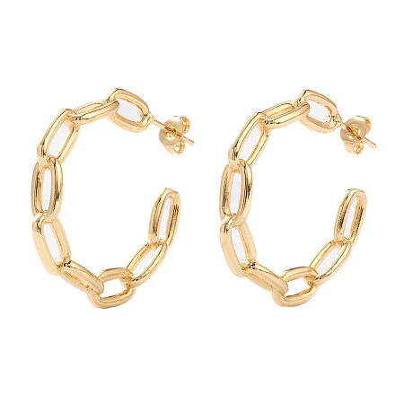 Honeyhandy Semicircular Brass Half Hoop Earrings, Stud Earrings, with Ear Nuts, Long-Lasting Plated, Cable Chain Shape, Real 18K Gold Plated, 5.5x31mm, Pin: 0.8mm