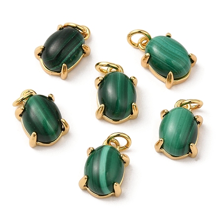 Natural Malachite Pendants, with Rack Plating Brass Findings and Jump Ring, Cadmium Free & Lead Free, Oval Charms, 10x7x5mm, Hole: 2.5mm