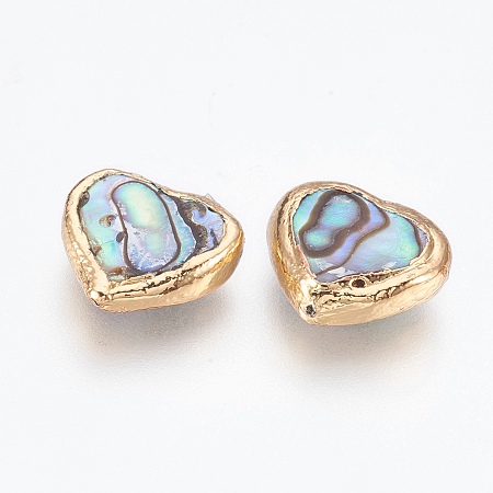 Natural Abalone Shell/Paua ShellBeads, Edge Plated, Heart, Real 18K Gold Plated, 11~13x12~13x3~4mm, Hole: 0.7mm