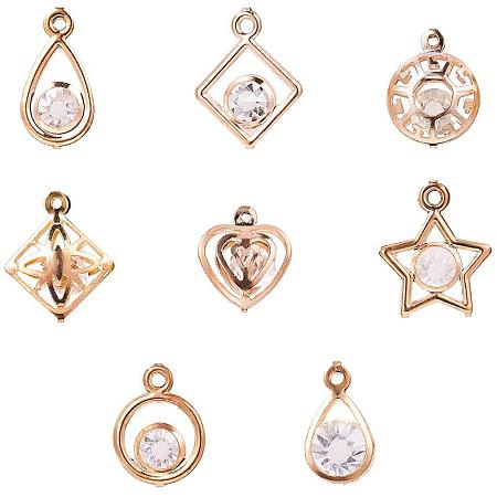 PandaHall Elite 80 pcs 8 Styles Glass Rhinestone Pendants with Iron Findings, Ring/Heart/Flat Round/Star/Rhombus Shape Charms Sets for Jewelry Making, Golden